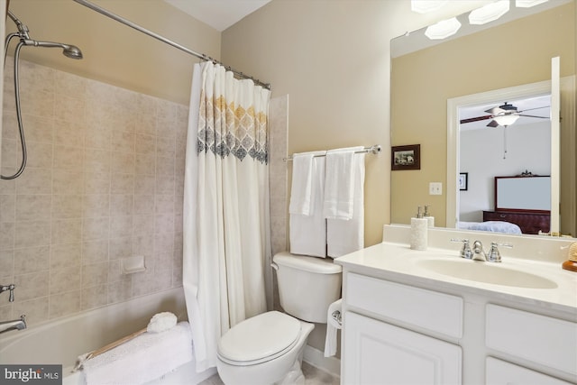 ensuite bathroom with ceiling fan, toilet, shower / tub combo with curtain, vanity, and ensuite bath