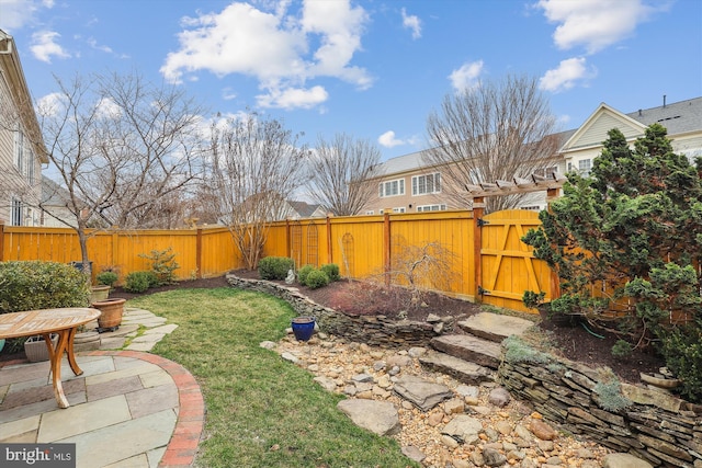 view of yard with a patio area, a fenced backyard, and a gate