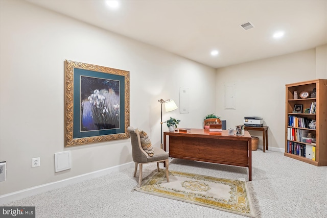 office space featuring recessed lighting, visible vents, baseboards, and carpet flooring