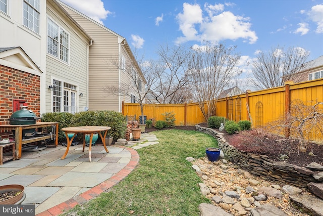 view of yard with a patio area and a fenced backyard