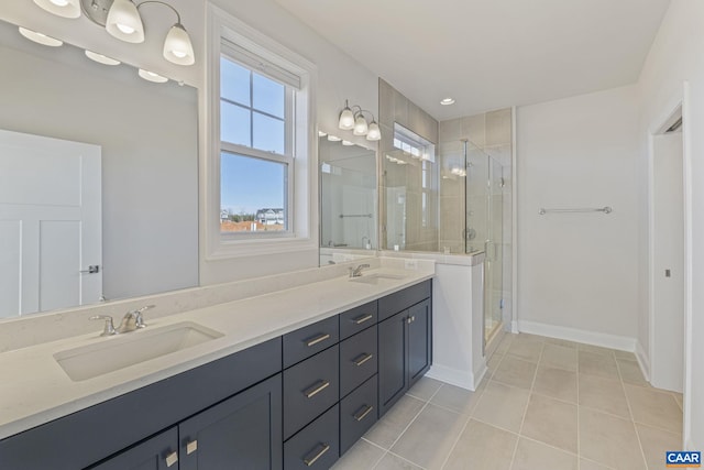 bathroom featuring an enclosed shower, vanity, and tile patterned flooring