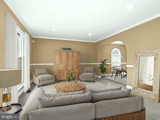 living room with crown molding and light colored carpet