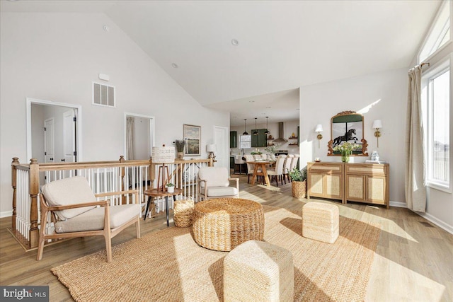 sitting room featuring high vaulted ceiling and light hardwood / wood-style flooring