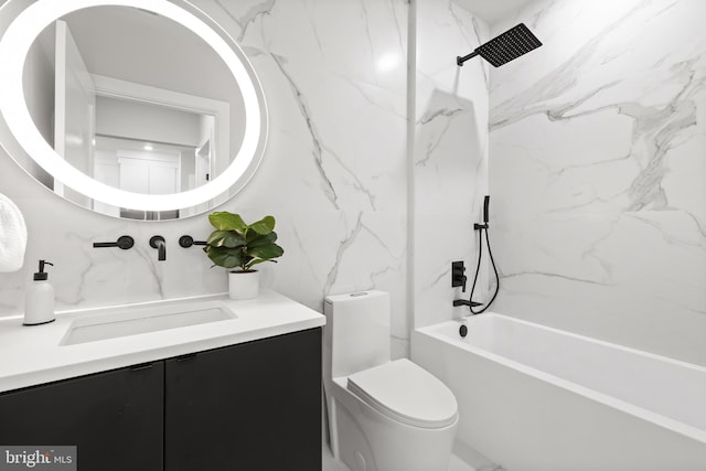 full bathroom featuring toilet, tiled shower / bath, tile walls, vanity, and decorative backsplash