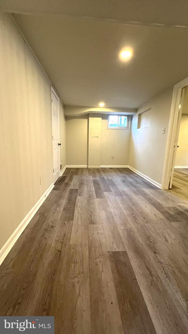 basement with wood-type flooring