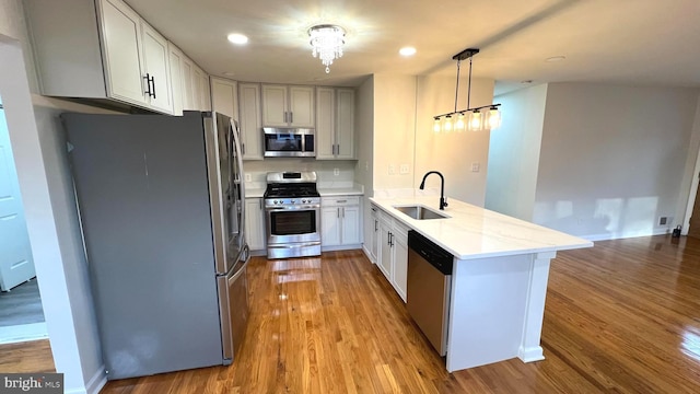 kitchen with pendant lighting, sink, white cabinets, kitchen peninsula, and stainless steel appliances