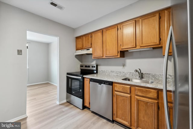 kitchen featuring appliances with stainless steel finishes, sink, and light wood-type flooring