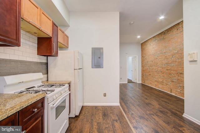 kitchen featuring electric panel, dark hardwood / wood-style floors, light stone counters, white gas range, and decorative backsplash