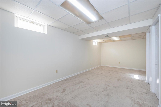 basement featuring a paneled ceiling and light carpet