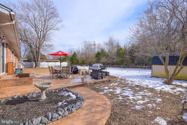 yard covered in snow with a storage unit