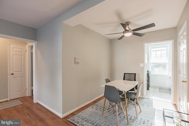 dining room with ceiling fan and wood-type flooring