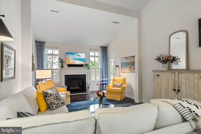 living room featuring vaulted ceiling and dark hardwood / wood-style flooring