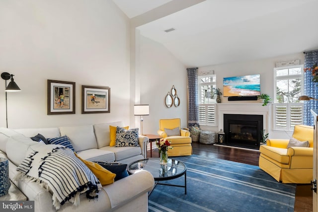 living room featuring lofted ceiling and hardwood / wood-style floors