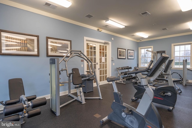 gym with crown molding and french doors