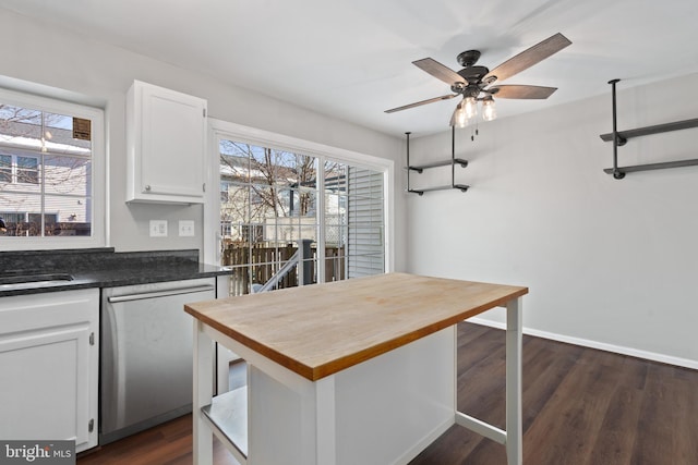 kitchen with dark hardwood / wood-style floors, white cabinetry, dishwasher, sink, and ceiling fan