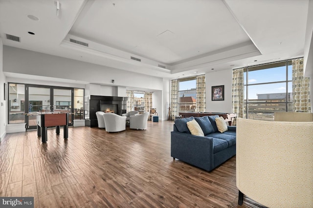 living room featuring a raised ceiling, hardwood / wood-style floors, and a wealth of natural light