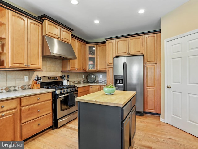 6852 Fielding Ct, Frederick, MD 21703 - kitchen featuring open shelves, under cabinet range hood, wood counters, light wood finished floors, and stainless steel appliances