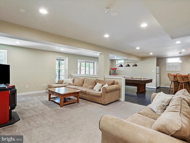 6852 Fielding Ct, Frederick, MD 21703 - carpeted living area featuring billiards, baseboards, and recessed lighting