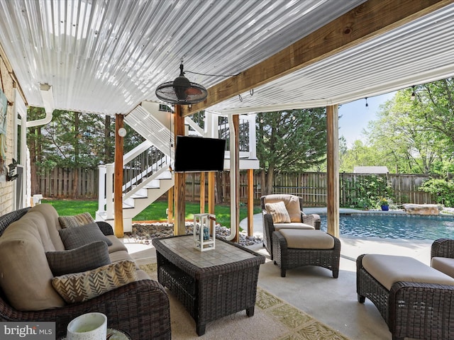 6852 Fielding Ct, Frederick, MD 21703 - view of patio with outdoor lounge area, a fenced in pool, a fenced backyard, and stairs