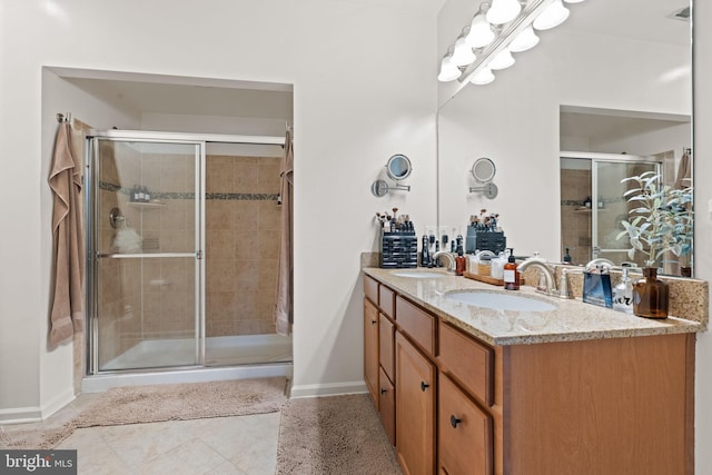 bathroom with walk in shower, vanity, and tile patterned flooring