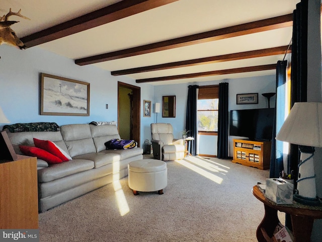 living room featuring beam ceiling and carpet floors