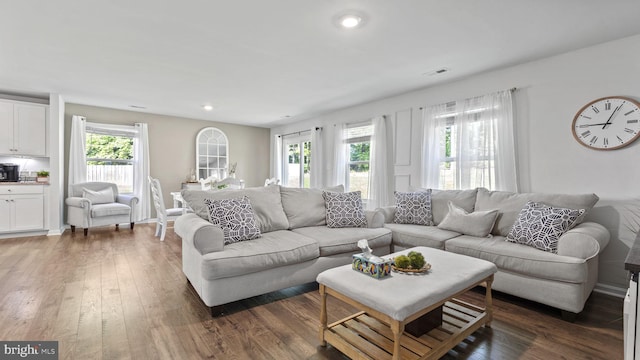 18075 Coolidge Ln, Bowling Green, VA 22427 - living room featuring dark wood-style flooring and recessed lighting