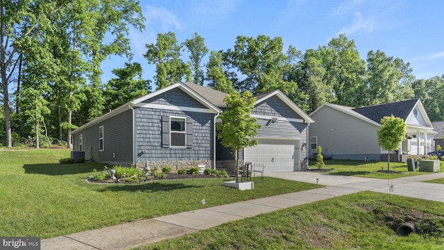 18075 Coolidge Ln, Bowling Green, VA 22427 - view of front of property featuring concrete driveway, a front lawn, central AC, and an attached garage