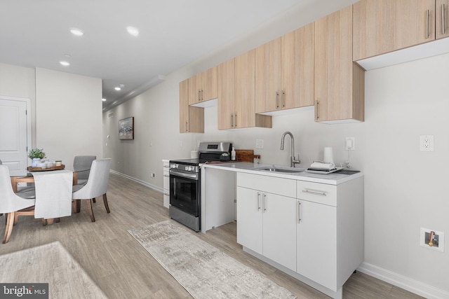 kitchen featuring stainless steel electric range oven, sink, light hardwood / wood-style flooring, and white cabinets