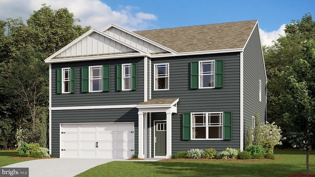 view of front of property featuring board and batten siding, an attached garage, a shingled roof, and a front lawn