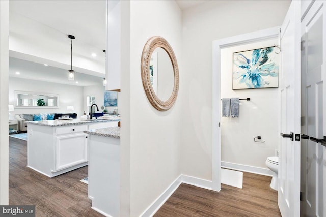 interior space with baseboards, toilet, wood finished floors, vanity, and recessed lighting