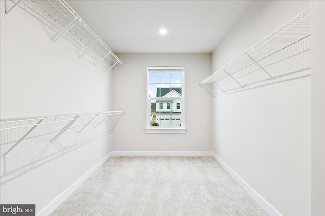 walk in closet featuring light colored carpet