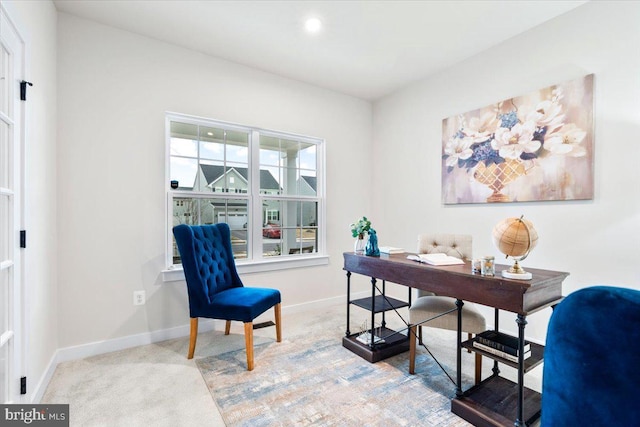 office featuring baseboards, recessed lighting, and light colored carpet