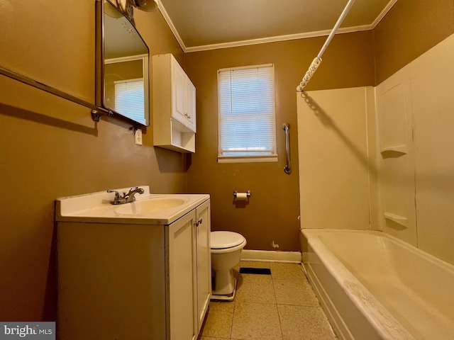 full bathroom featuring vanity, crown molding, toilet, and washtub / shower combination