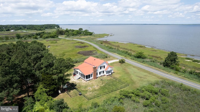 drone / aerial view featuring a water view