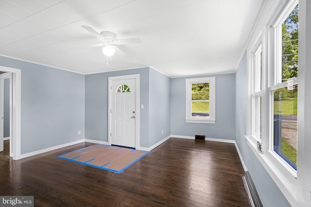 foyer featuring crown molding, dark hardwood / wood-style floors, and ceiling fan