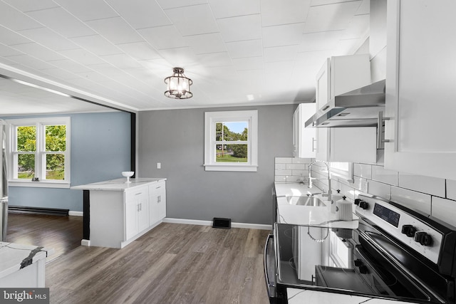 kitchen with sink, stainless steel range with electric cooktop, white cabinetry, light hardwood / wood-style floors, and backsplash