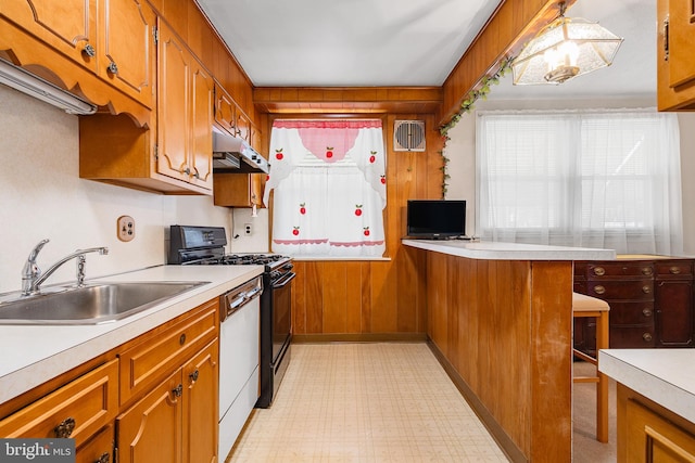 kitchen with sink, wood walls, hanging light fixtures, stainless steel dishwasher, and black range with gas stovetop