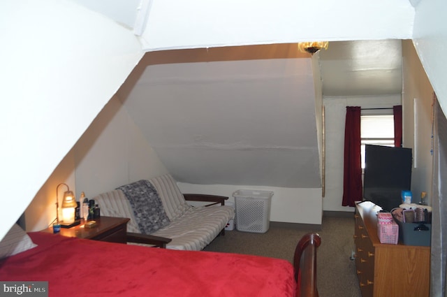 bedroom featuring dark colored carpet and vaulted ceiling