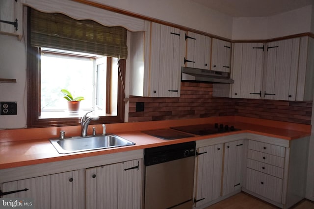 kitchen featuring stainless steel dishwasher, a sink, plenty of natural light, black electric cooktop, and under cabinet range hood