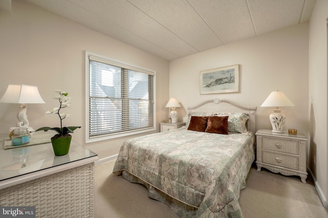 bedroom with light colored carpet