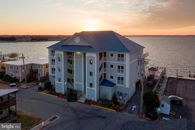 exterior space featuring a water view