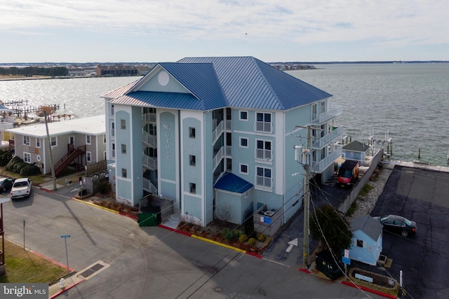 aerial view featuring a water view