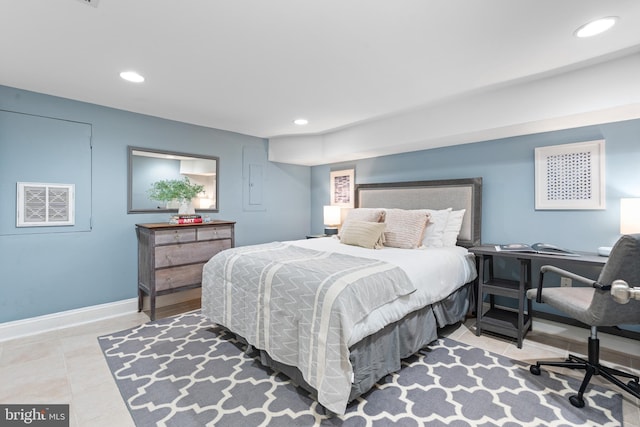 bedroom featuring recessed lighting, baseboards, and tile patterned floors