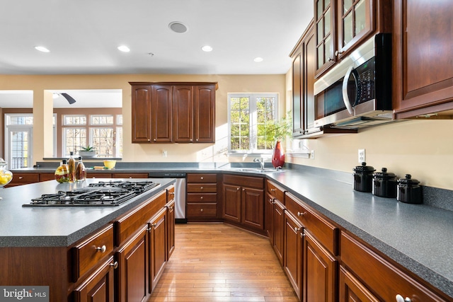 kitchen featuring ceiling fan, appliances with stainless steel finishes, sink, and light wood-type flooring