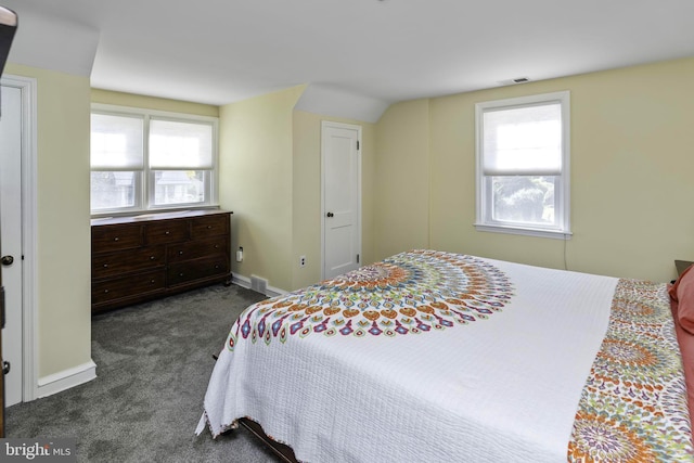 carpeted bedroom with multiple windows and lofted ceiling