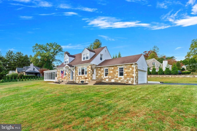 exterior space featuring a garage and a lawn