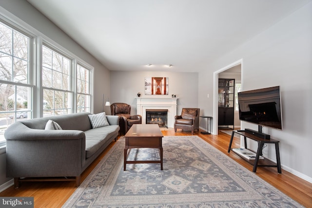 living room featuring a glass covered fireplace, baseboards, and wood finished floors