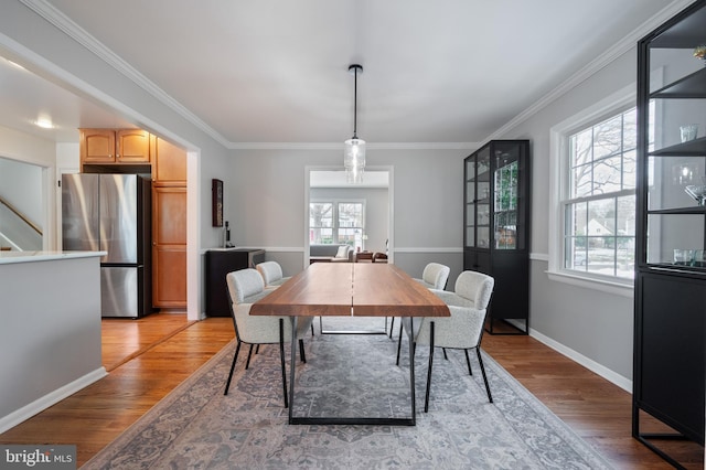 dining space with plenty of natural light, ornamental molding, and light wood-type flooring