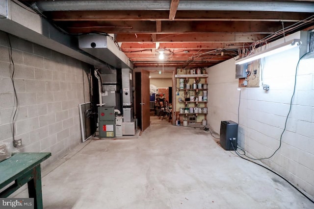 basement featuring heating unit