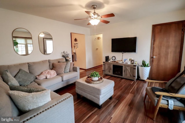 living room featuring ceiling fan and dark hardwood / wood-style flooring